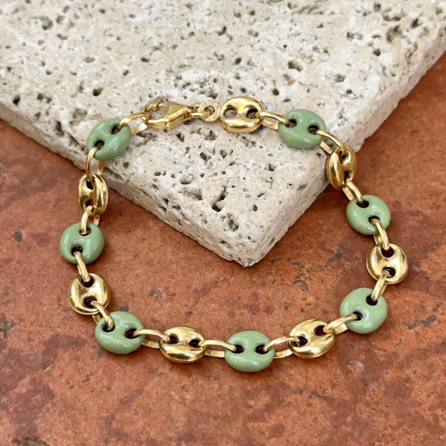 14KT Yellow Gold Puffed Mariner Link + Green Enamel Chain Bracelet