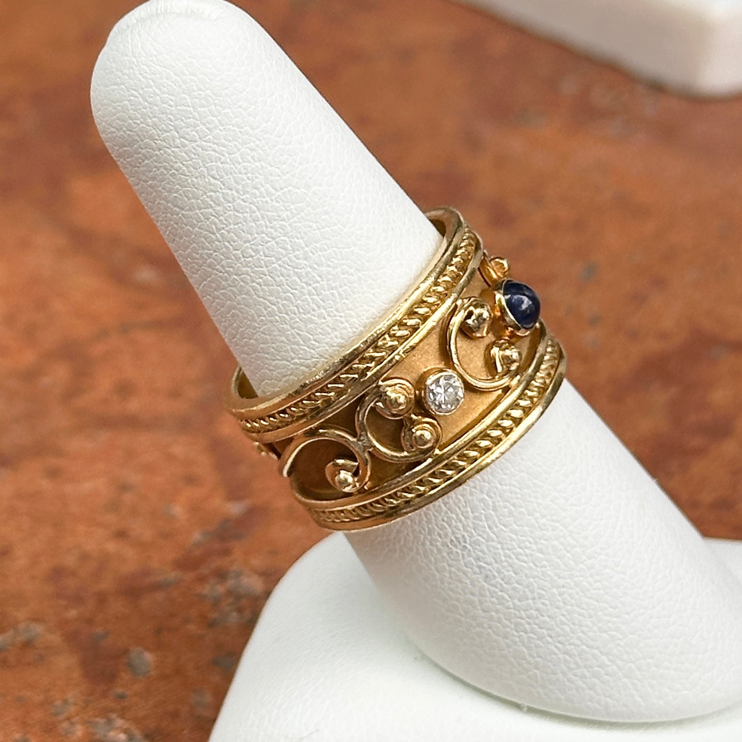 Estate 18KT Yellow Gold Blue Sapphire + Diamond Byzantine Ring