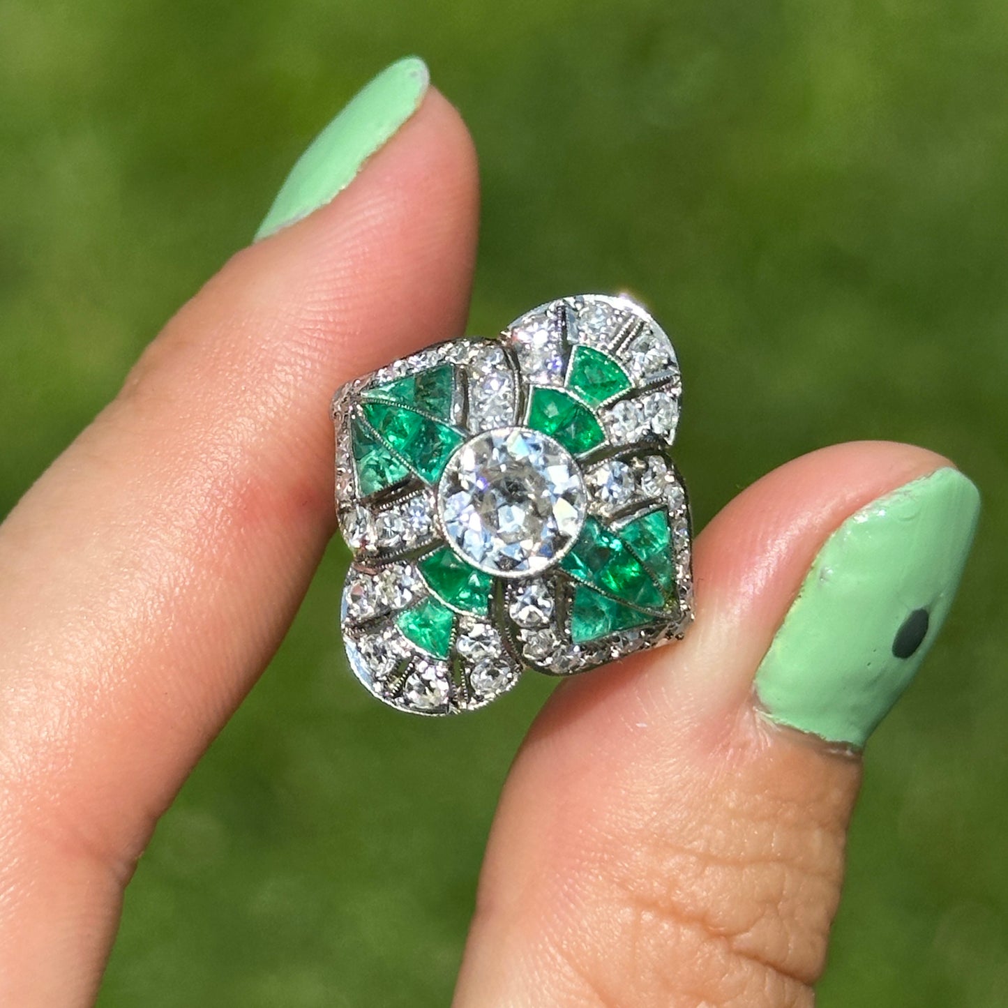 Estate Art Deco Platinum European Cut Diamond + Emeralds Filigree Ring