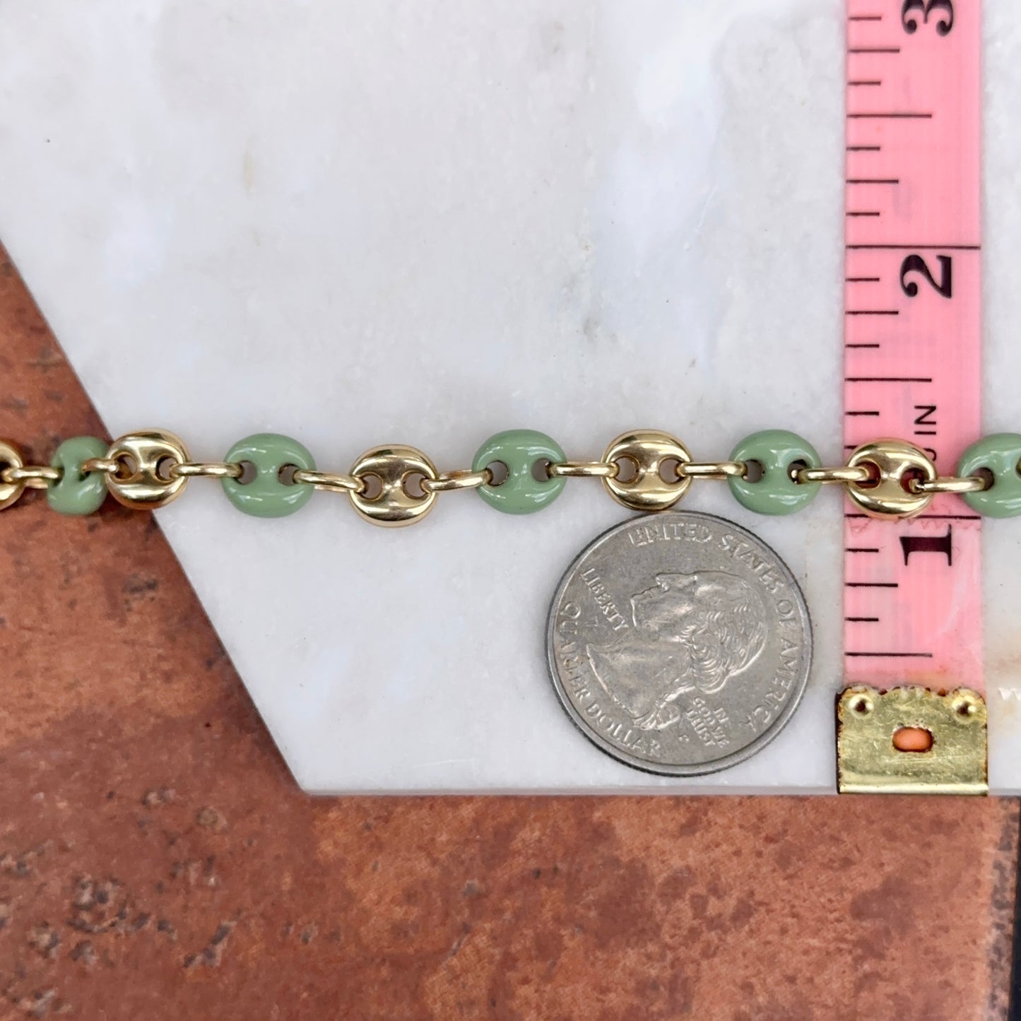 14KT Yellow Gold Puffed Mariner Link + Green Enamel Chain Bracelet