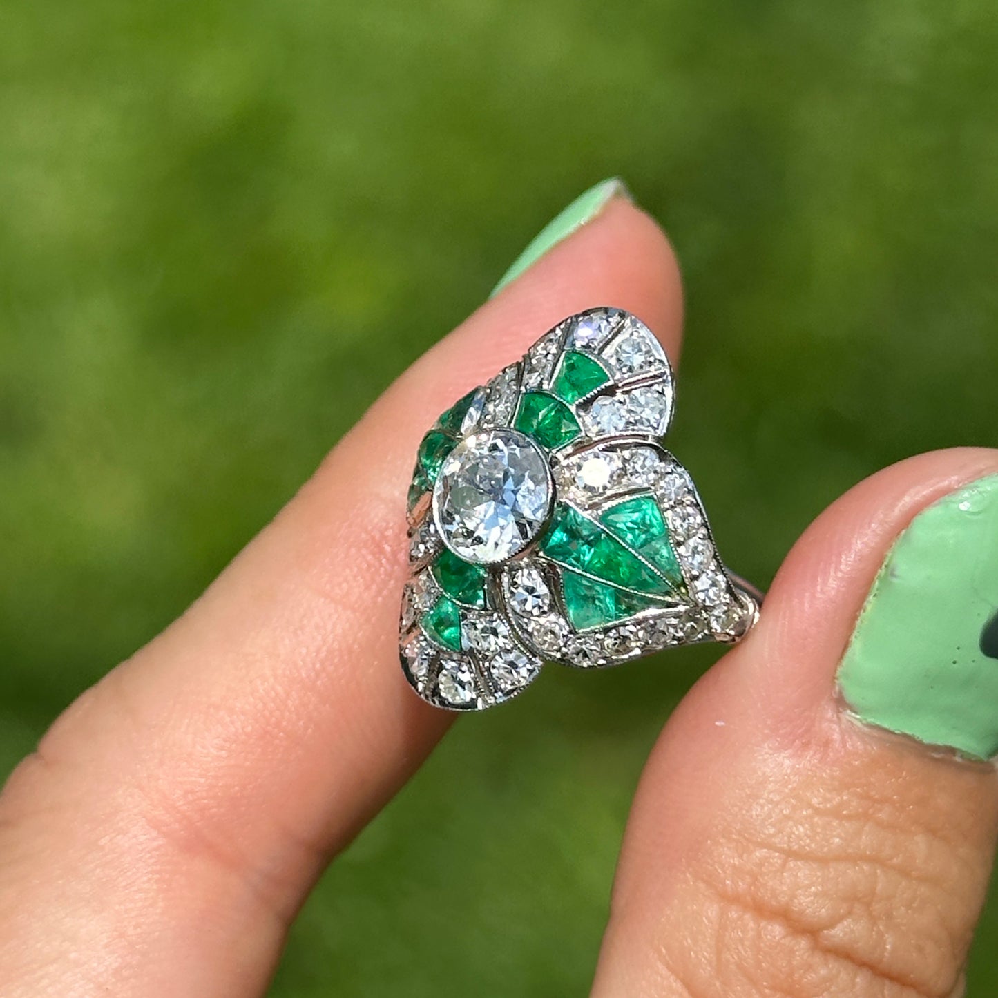Estate Art Deco Platinum European Cut Diamond + Emeralds Filigree Ring