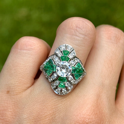 Estate Art Deco Platinum European Cut Diamond + Emeralds Filigree Ring