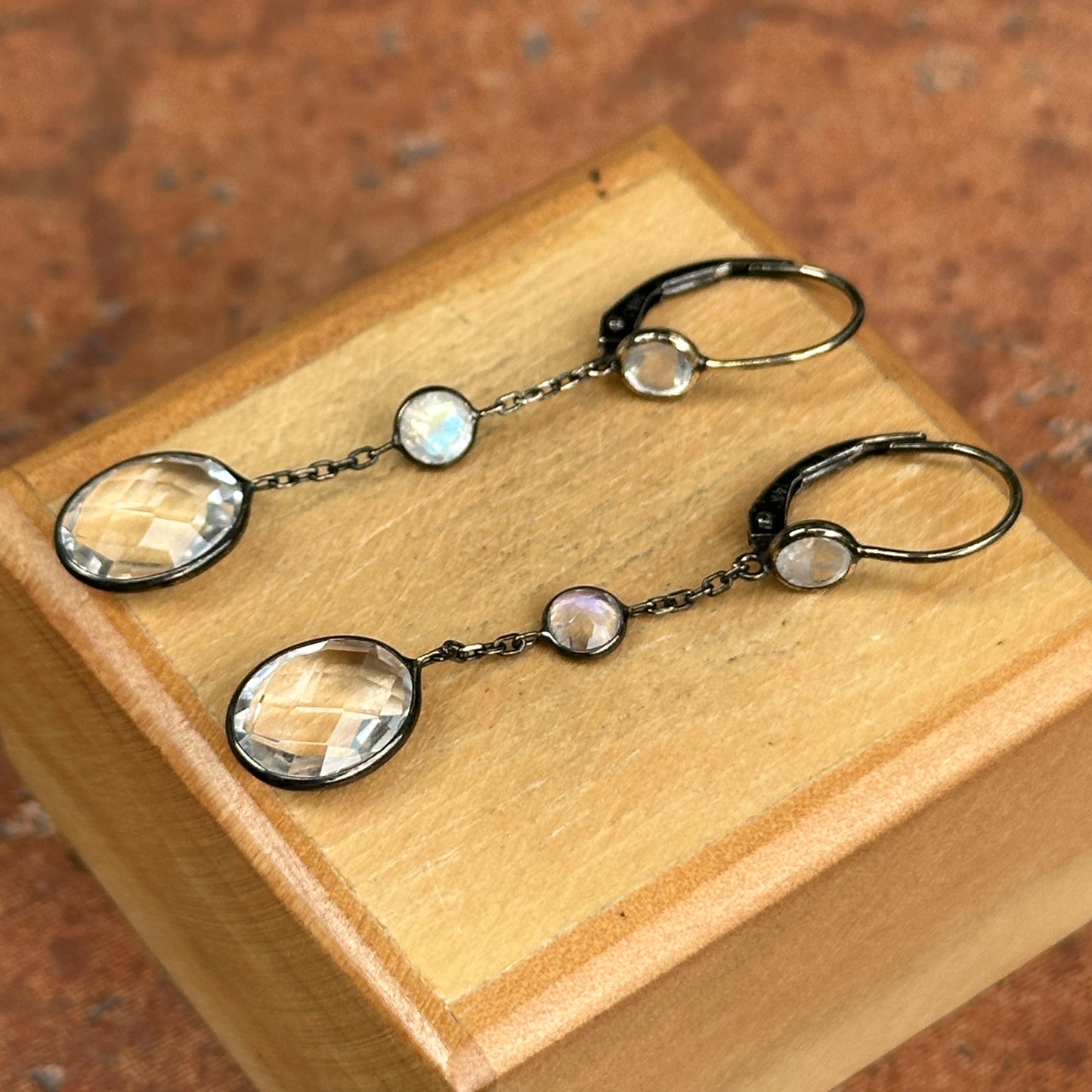 Estate 14KT Yellow Gold + Black Rhodium Crystal + Moonstone Earrings - LSJ