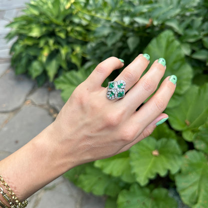 Estate Art Deco Platinum European Cut Diamond + Emeralds Filigree Ring