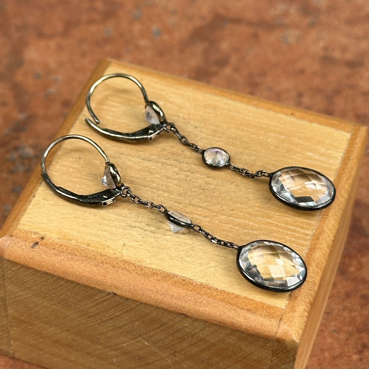 Estate 14KT Yellow Gold + Black Rhodium Crystal + Moonstone Earrings - LSJ