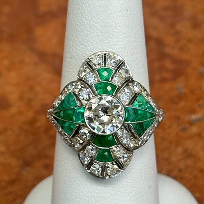 Estate Art Deco Platinum European Cut Diamond + Emeralds Filigree Ring