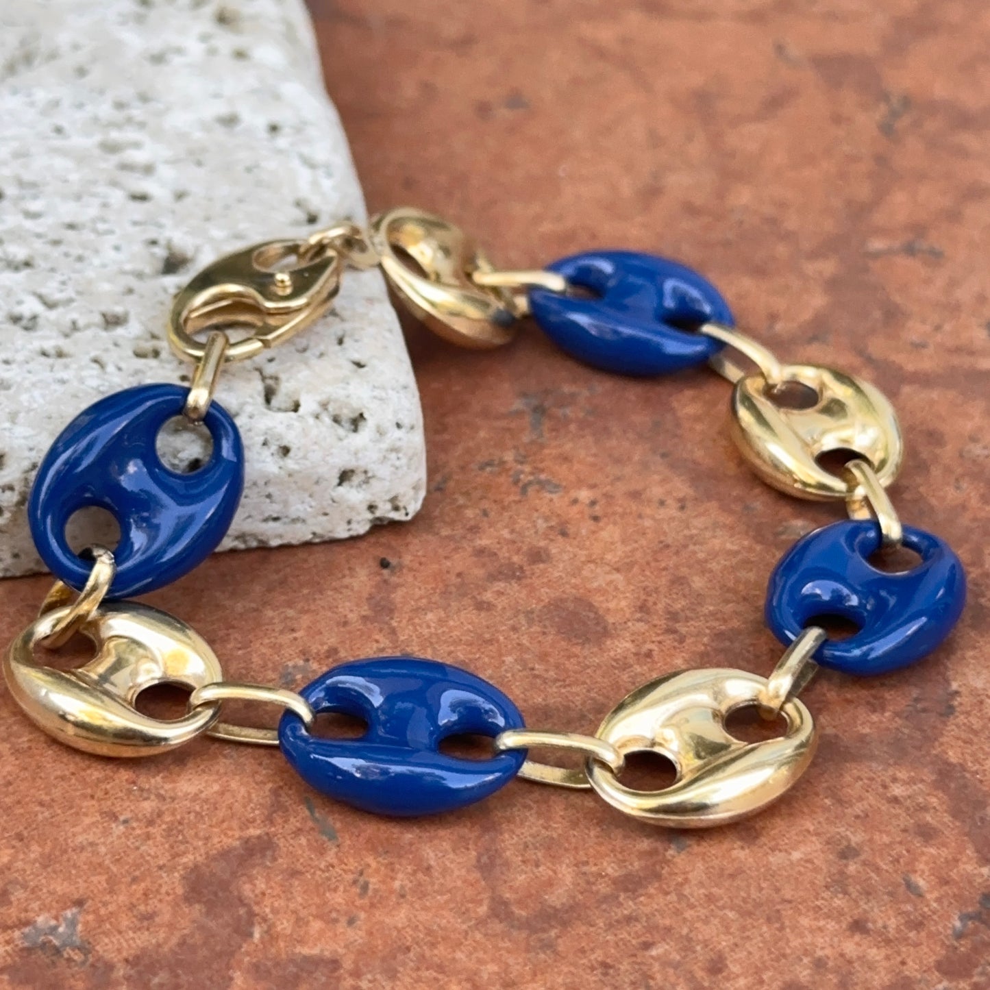 14KT Yellow Gold Puffed Mariner Link + Blue Enamel Chain Bracelet