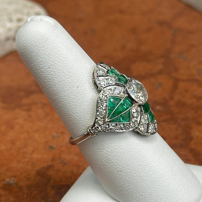 Estate Art Deco Platinum European Cut Diamond + Emeralds Filigree Ring