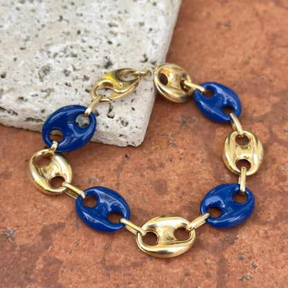 14KT Yellow Gold Puffed Mariner Link + Blue Enamel Chain Bracelet