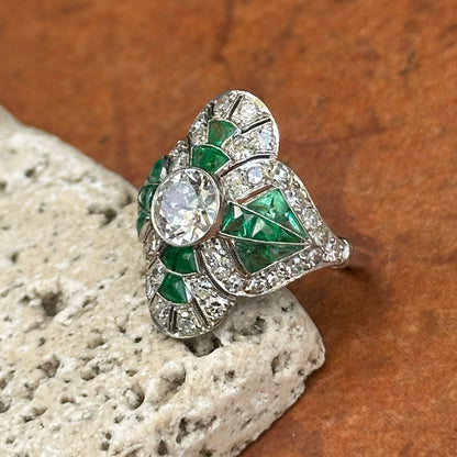 Estate Art Deco Platinum European Cut Diamond + Emeralds Filigree Ring