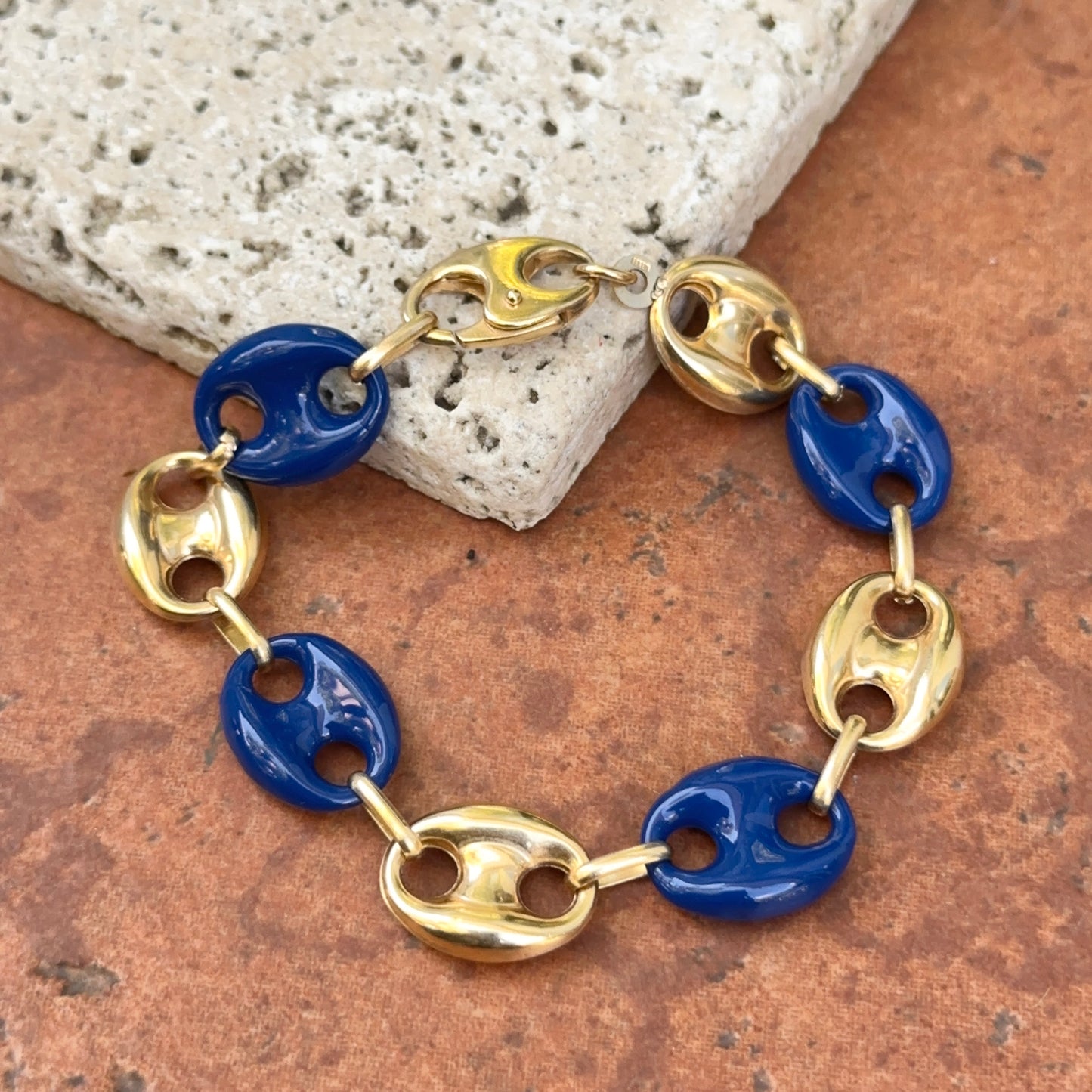 14KT Yellow Gold Puffed Mariner Link + Blue Enamel Chain Bracelet