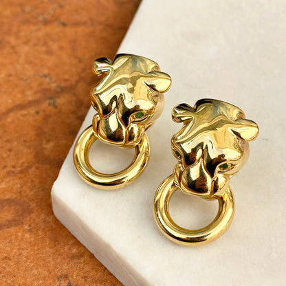 Estate 14KT Yellow Gold + Emerald Eyes Panther Cat Doorknocker Earrings - LSJ
