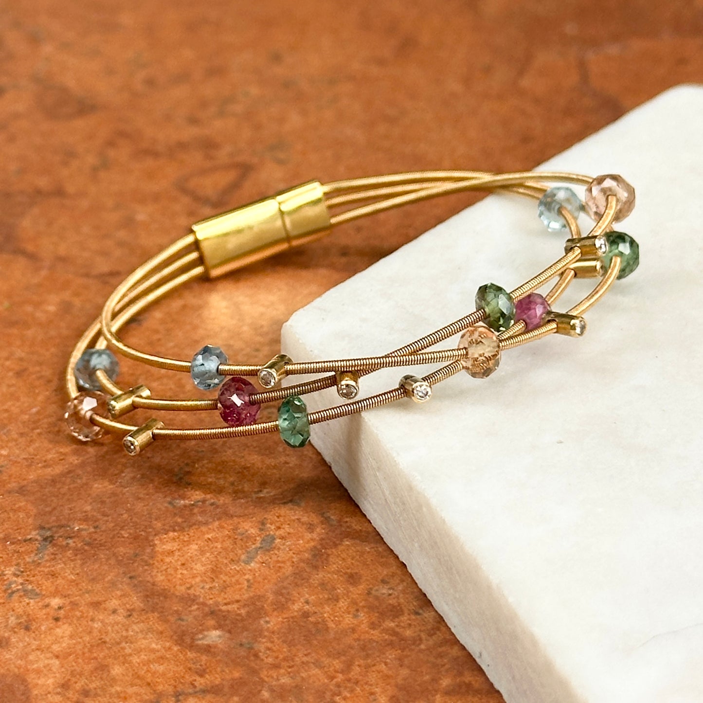 Estate 18KT Yellow Gold 3-Strand Diamond + Gemstones Scattered Bracelet