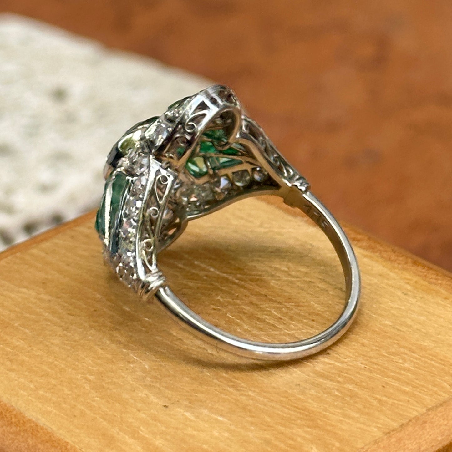 Estate Art Deco Platinum European Cut Diamond + Emeralds Filigree Ring
