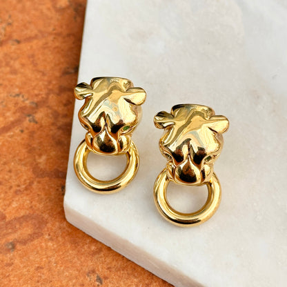 Estate 14KT Yellow Gold + Emerald Eyes Panther Cat Doorknocker Earrings - LSJ
