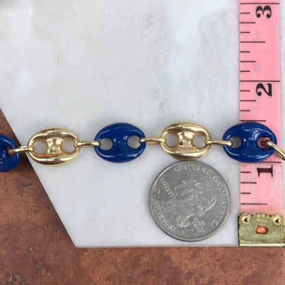 14KT Yellow Gold Puffed Mariner Link + Blue Enamel Chain Bracelet