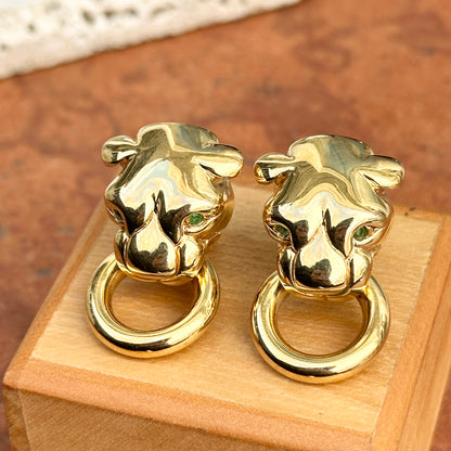 Estate 14KT Yellow Gold + Emerald Eyes Panther Cat Doorknocker Earrings - LSJ