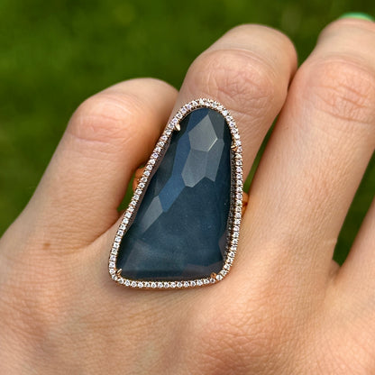 18KT Yellow Gold Irregular Shape White Topaz Hematite + Diamond Halo Ring