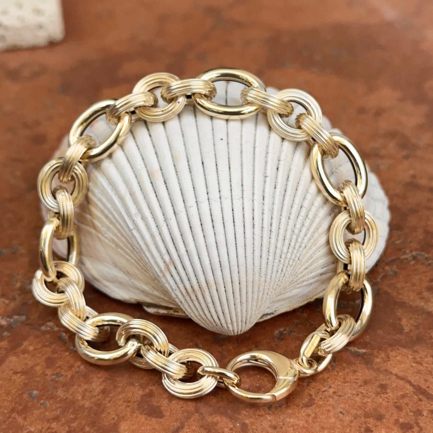 14KT Yellow Gold Textured Oval Alternating Chain Link Bracelet