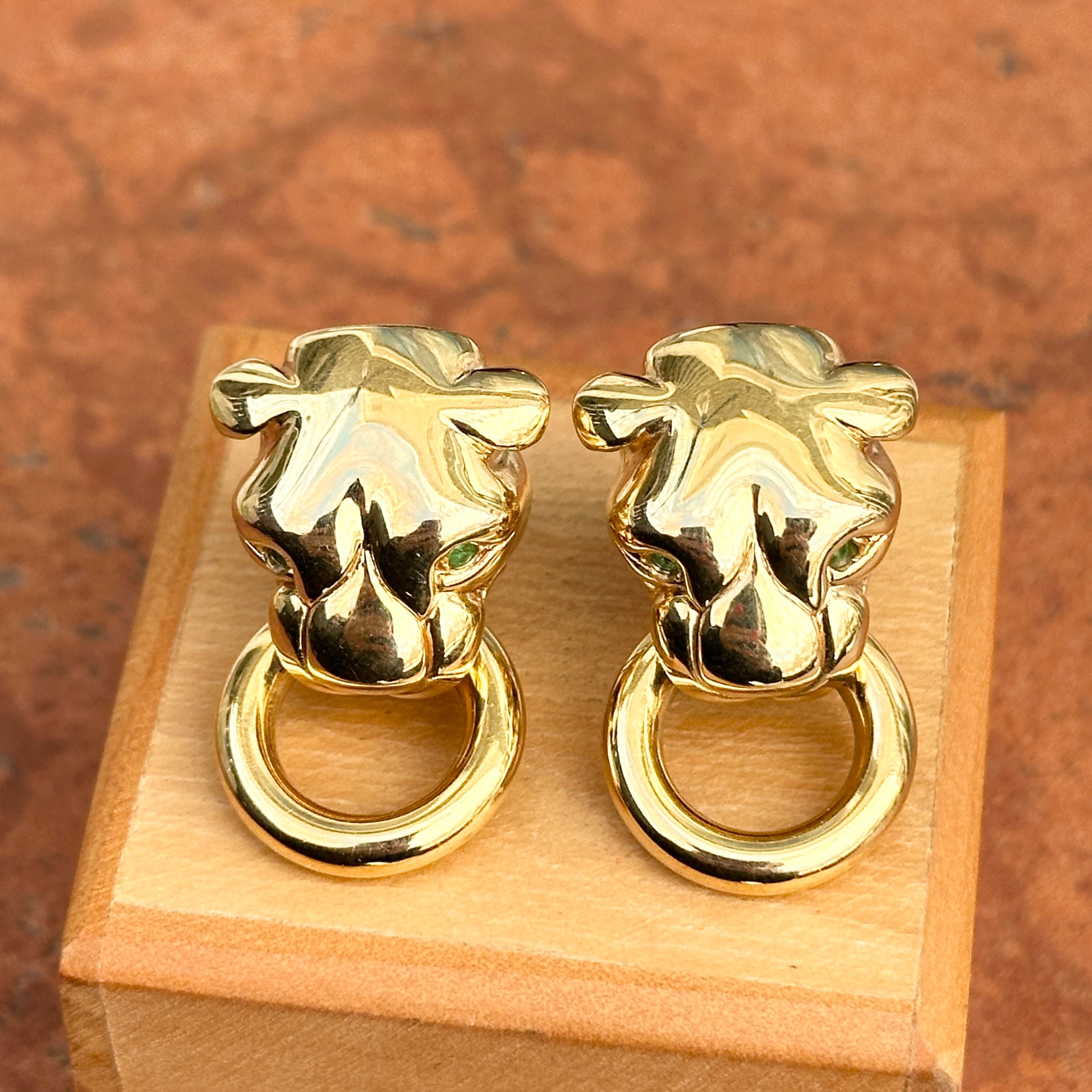 Estate 14KT Yellow Gold + Emerald Eyes Panther Cat Doorknocker Earrings - LSJ
