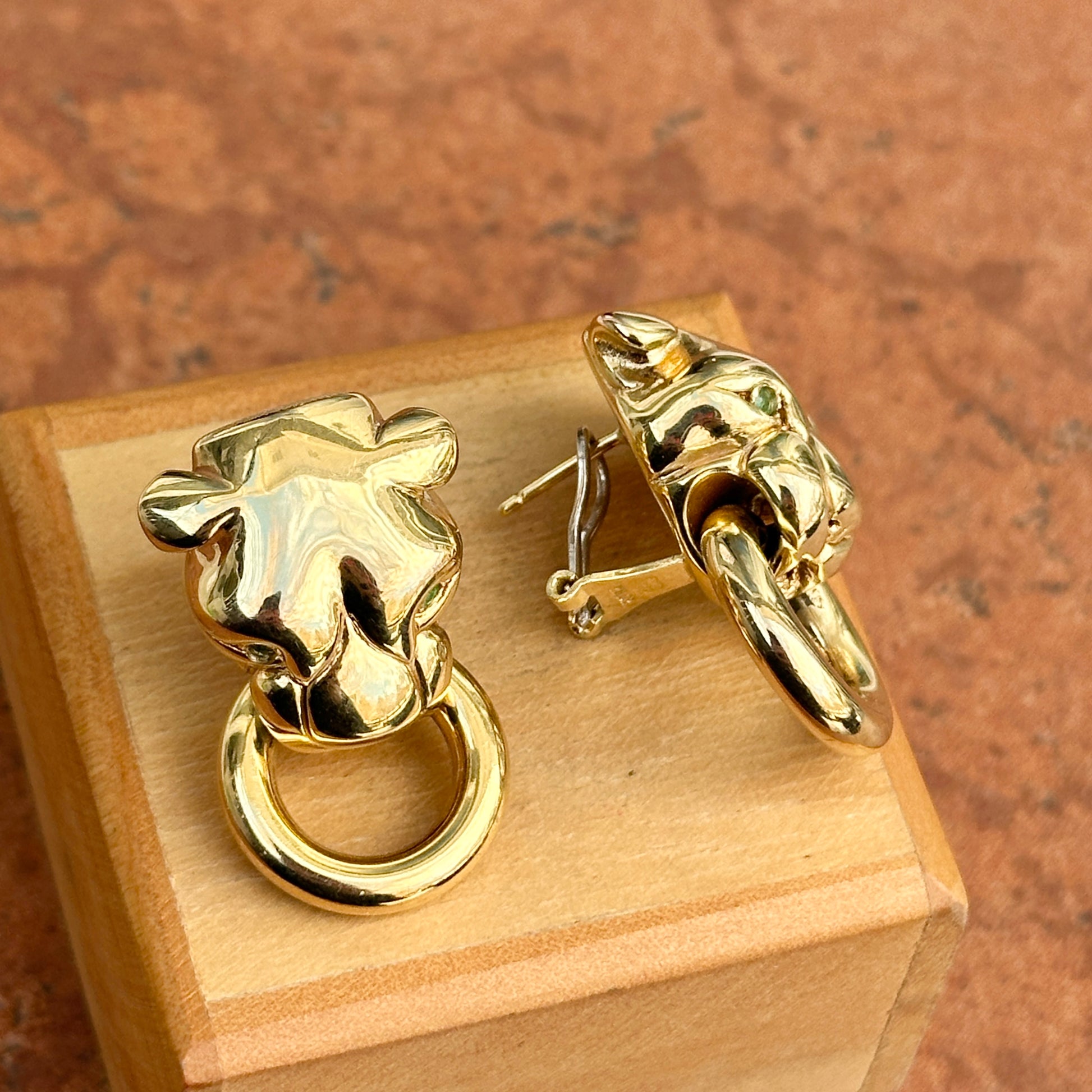 Estate 14KT Yellow Gold + Emerald Eyes Panther Cat Doorknocker Earrings - LSJ