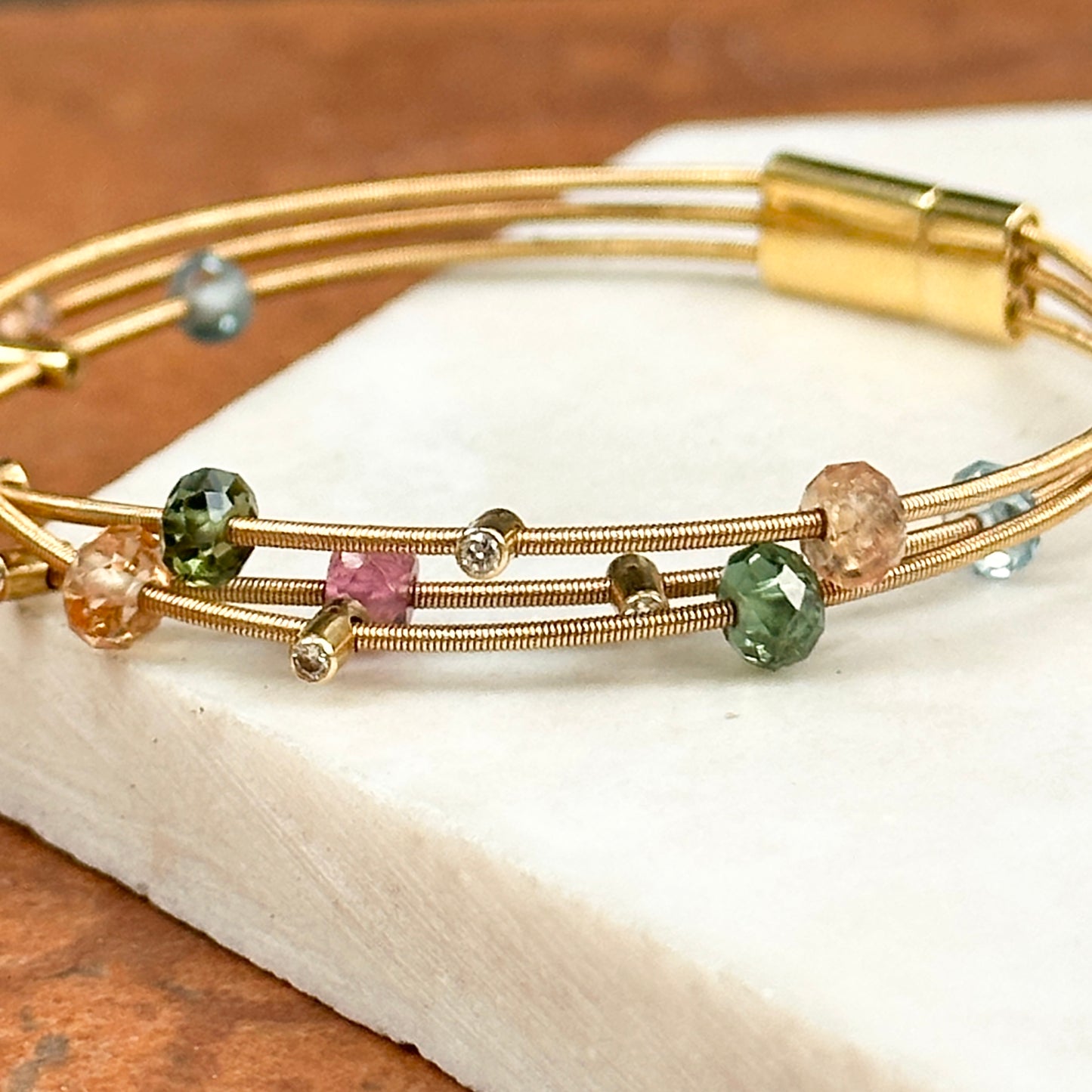 Estate 18KT Yellow Gold 3-Strand Diamond + Gemstones Scattered Bracelet