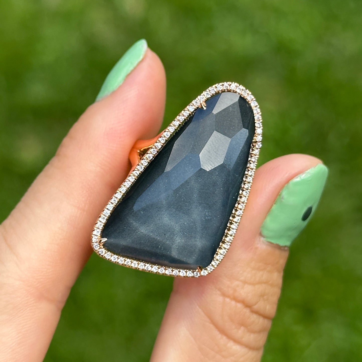 18KT Yellow Gold Irregular Shape White Topaz Hematite + Diamond Halo Ring