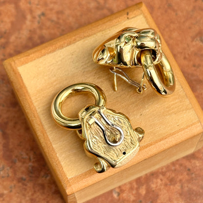 Estate 14KT Yellow Gold + Emerald Eyes Panther Cat Doorknocker Earrings - LSJ