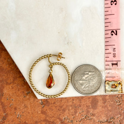 Estate 18KT Yellow Gold Pear Citrine Beaded Hoop Earrings