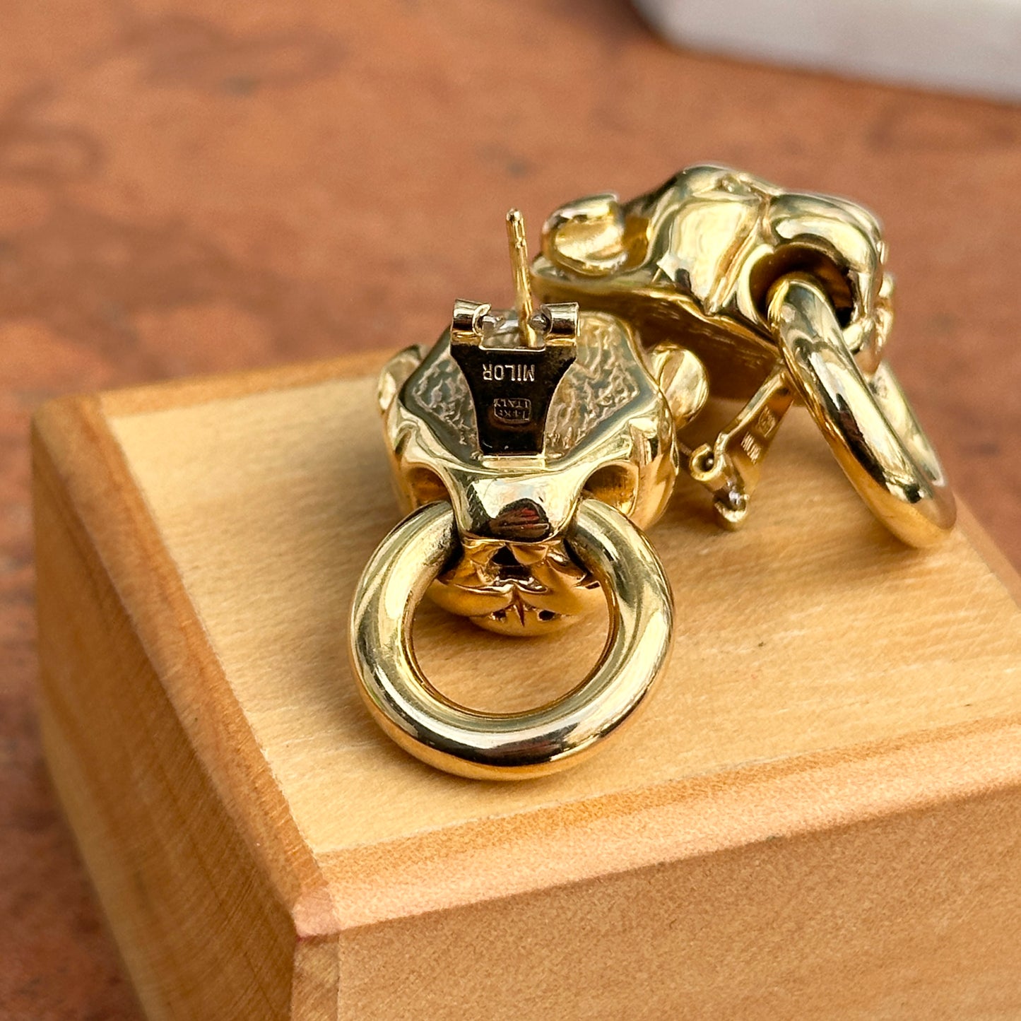 Estate 14KT Yellow Gold + Emerald Eyes Panther Cat Doorknocker Earrings - LSJ