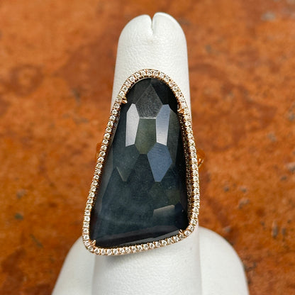 18KT Yellow Gold Irregular Shape White Topaz Hematite + Diamond Halo Ring