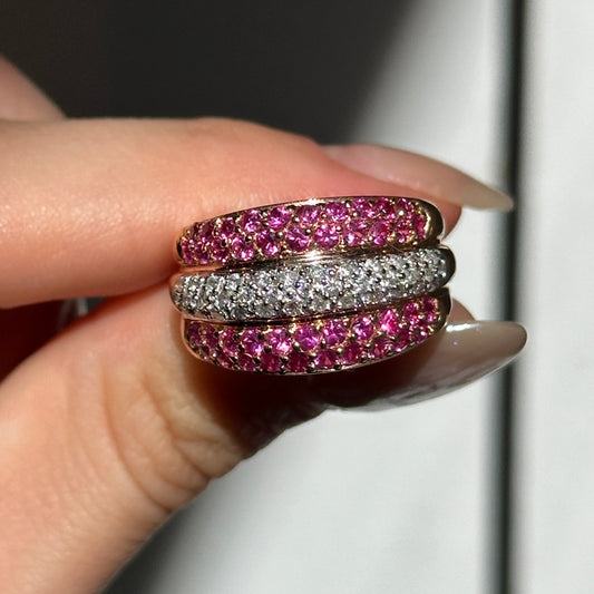 Estate 18KT Rose Gold Domed Pave Ruby + Diamond Ring
