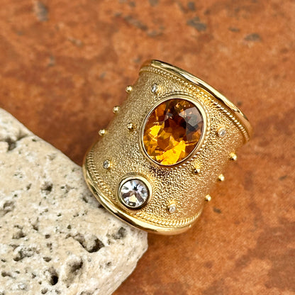 Estate 18KT Yellow Gold Byzantine Citrine + White Topaz Wide Ring - LSJ