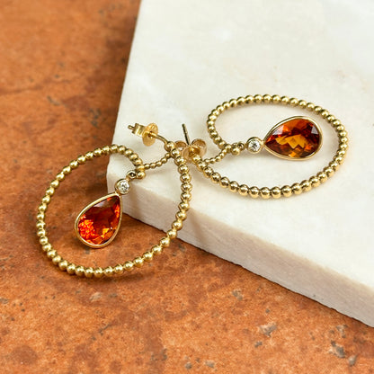 Estate 18KT Yellow Gold Pear Citrine Beaded Hoop Earrings