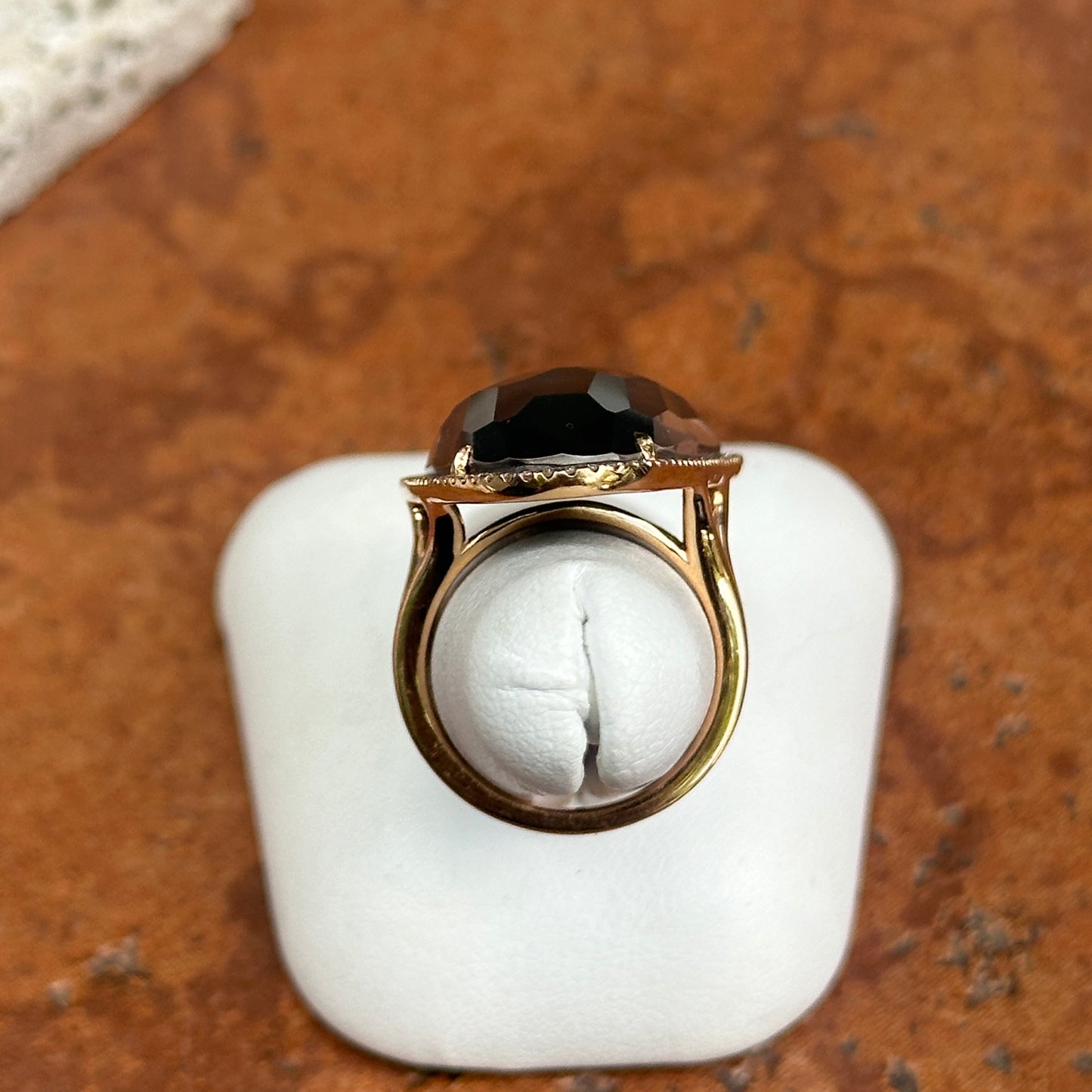18KT Yellow Gold Irregular Shape White Topaz Hematite + Diamond Halo Ring