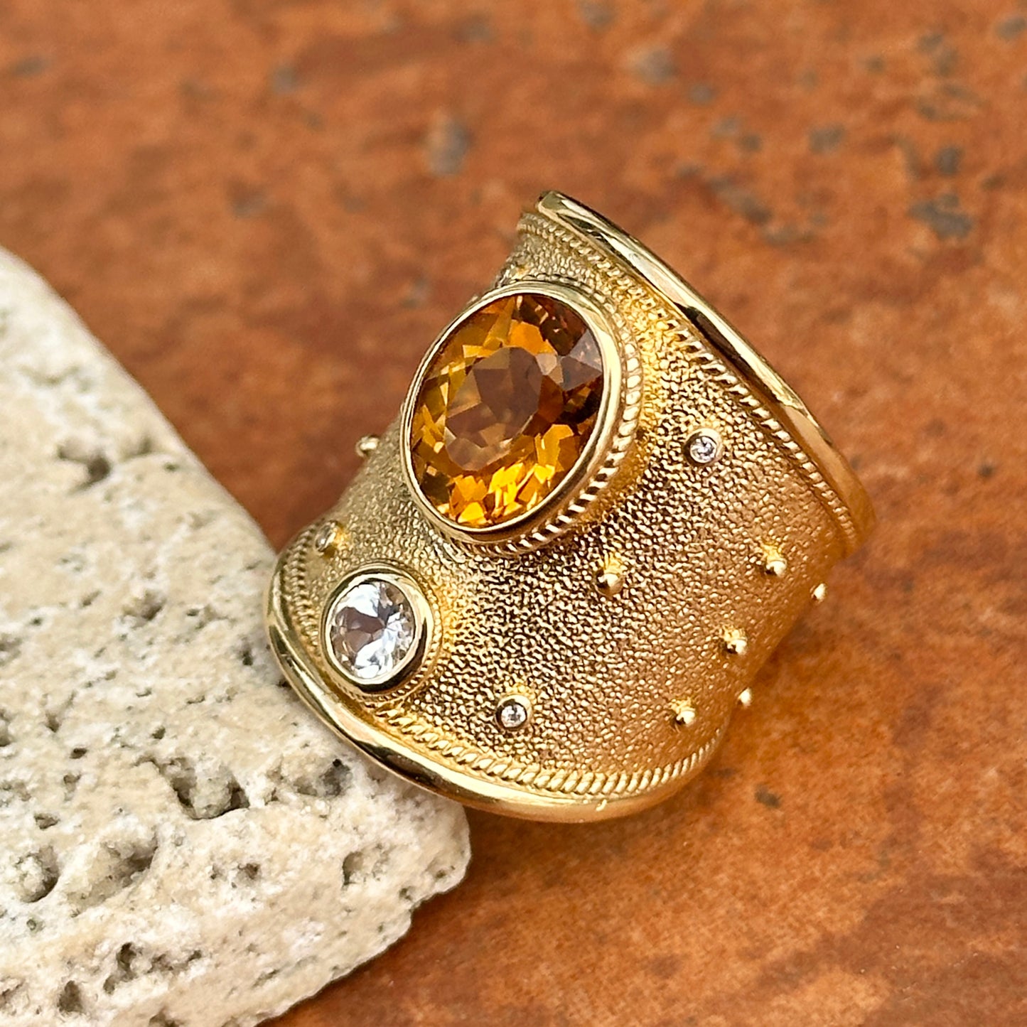 Estate 18KT Yellow Gold Byzantine Citrine + White Topaz Wide Ring - LSJ