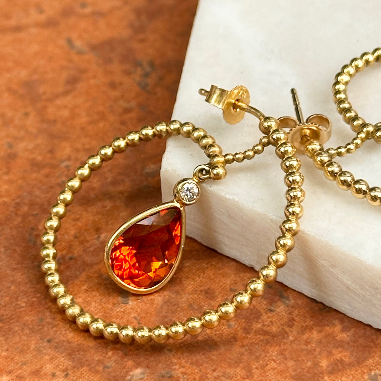 Estate 18KT Yellow Gold Pear Citrine Beaded Hoop Earrings