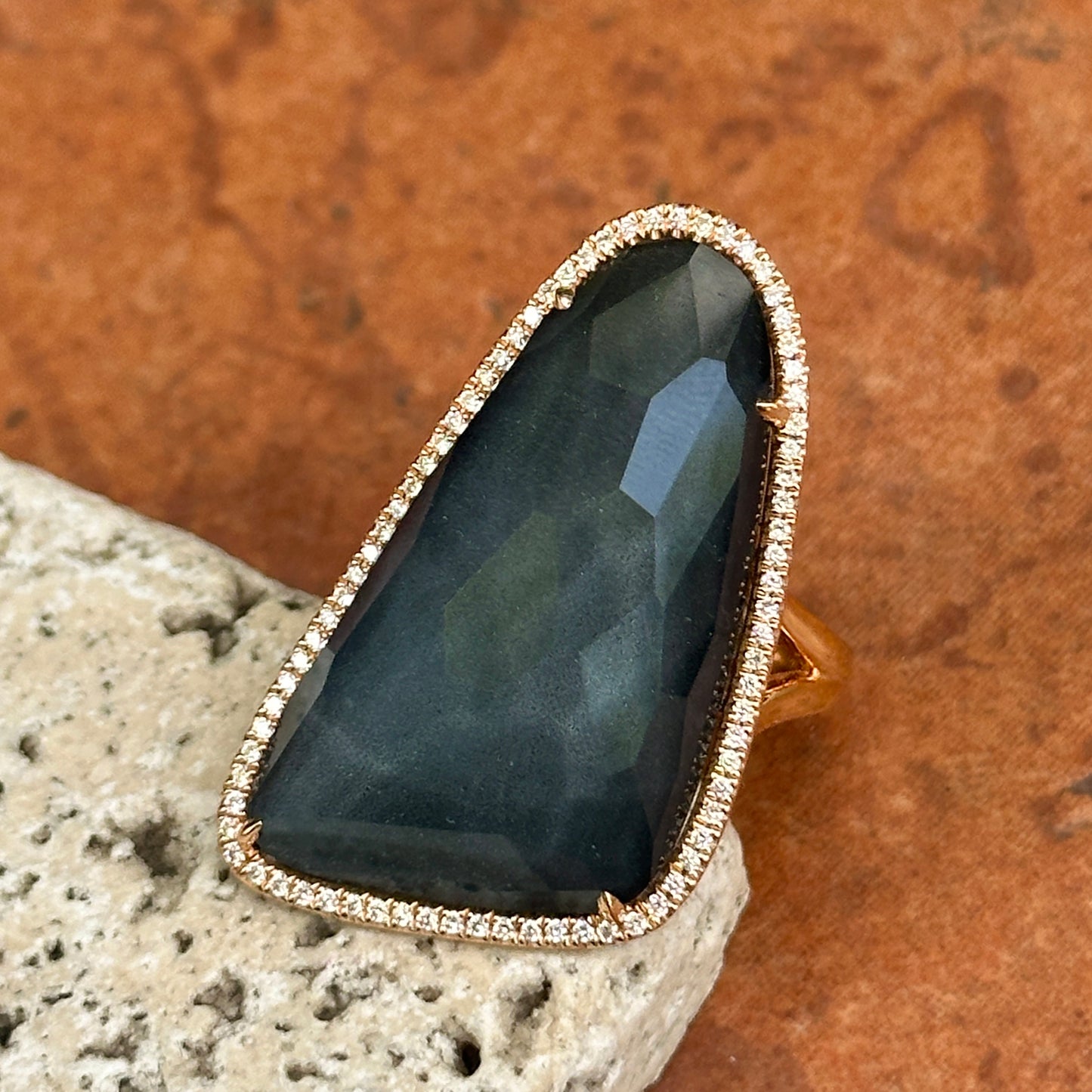 18KT Yellow Gold Irregular Shape White Topaz Hematite + Diamond Halo Ring