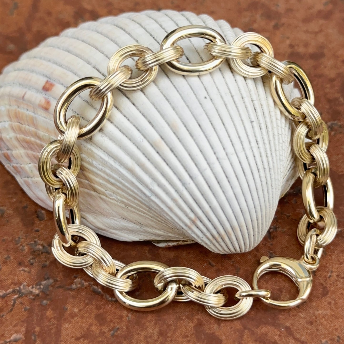 14KT Yellow Gold Textured Oval Alternating Chain Link Bracelet