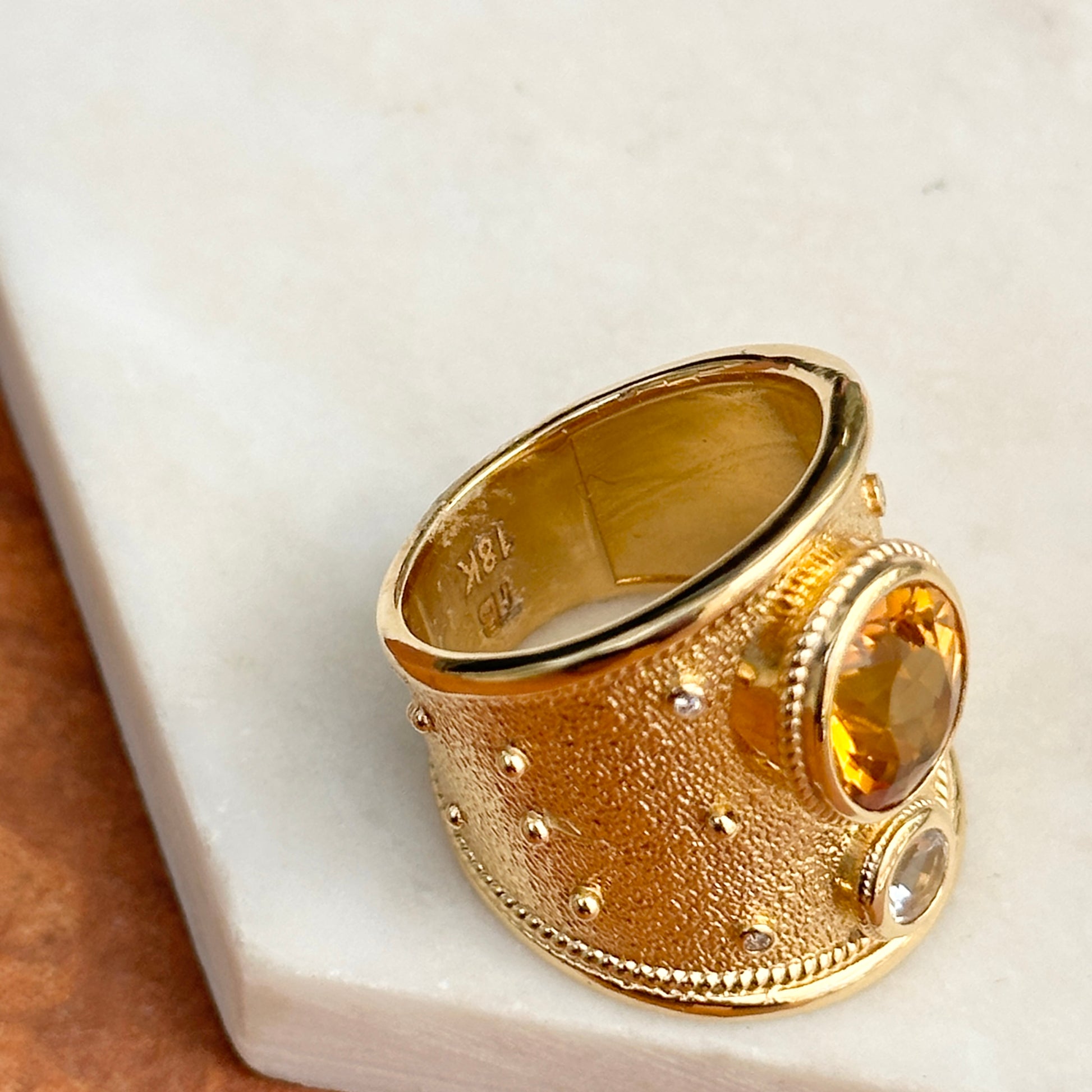 Estate 18KT Yellow Gold Byzantine Citrine + White Topaz Wide Ring - LSJ