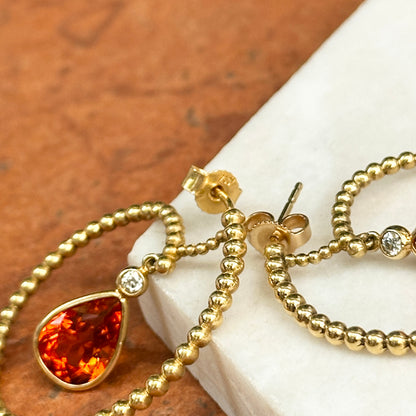 Estate 18KT Yellow Gold Pear Citrine Beaded Hoop Earrings