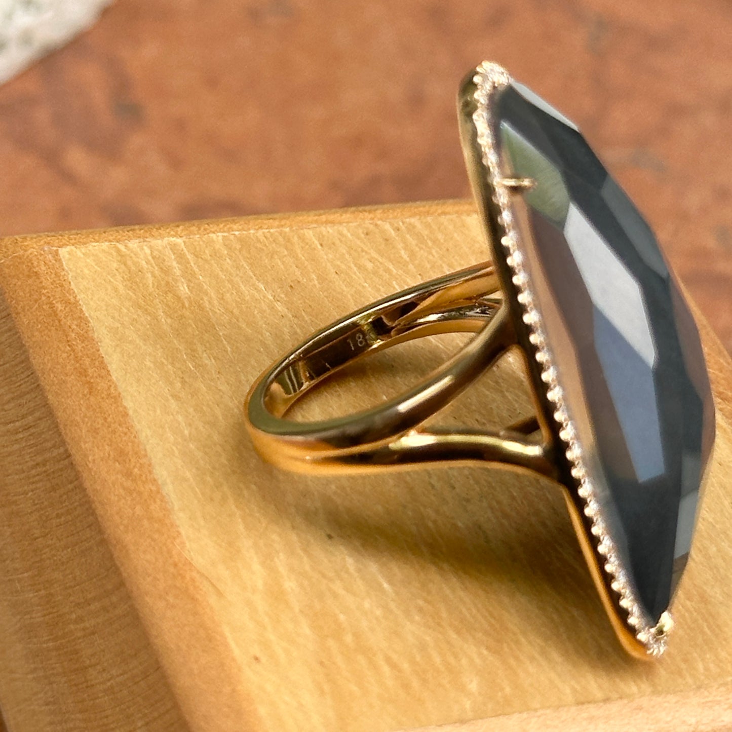 18KT Yellow Gold Irregular Shape White Topaz Hematite + Diamond Halo Ring