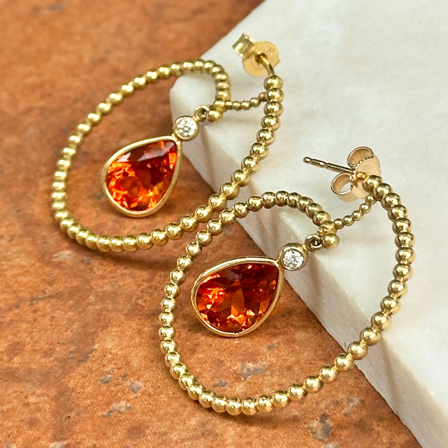 Estate 18KT Yellow Gold Pear Citrine Beaded Hoop Earrings