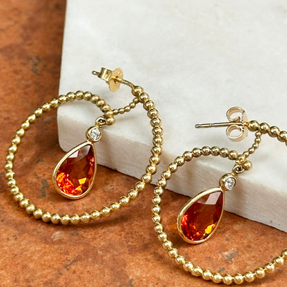 Estate 18KT Yellow Gold Pear Citrine Beaded Hoop Earrings