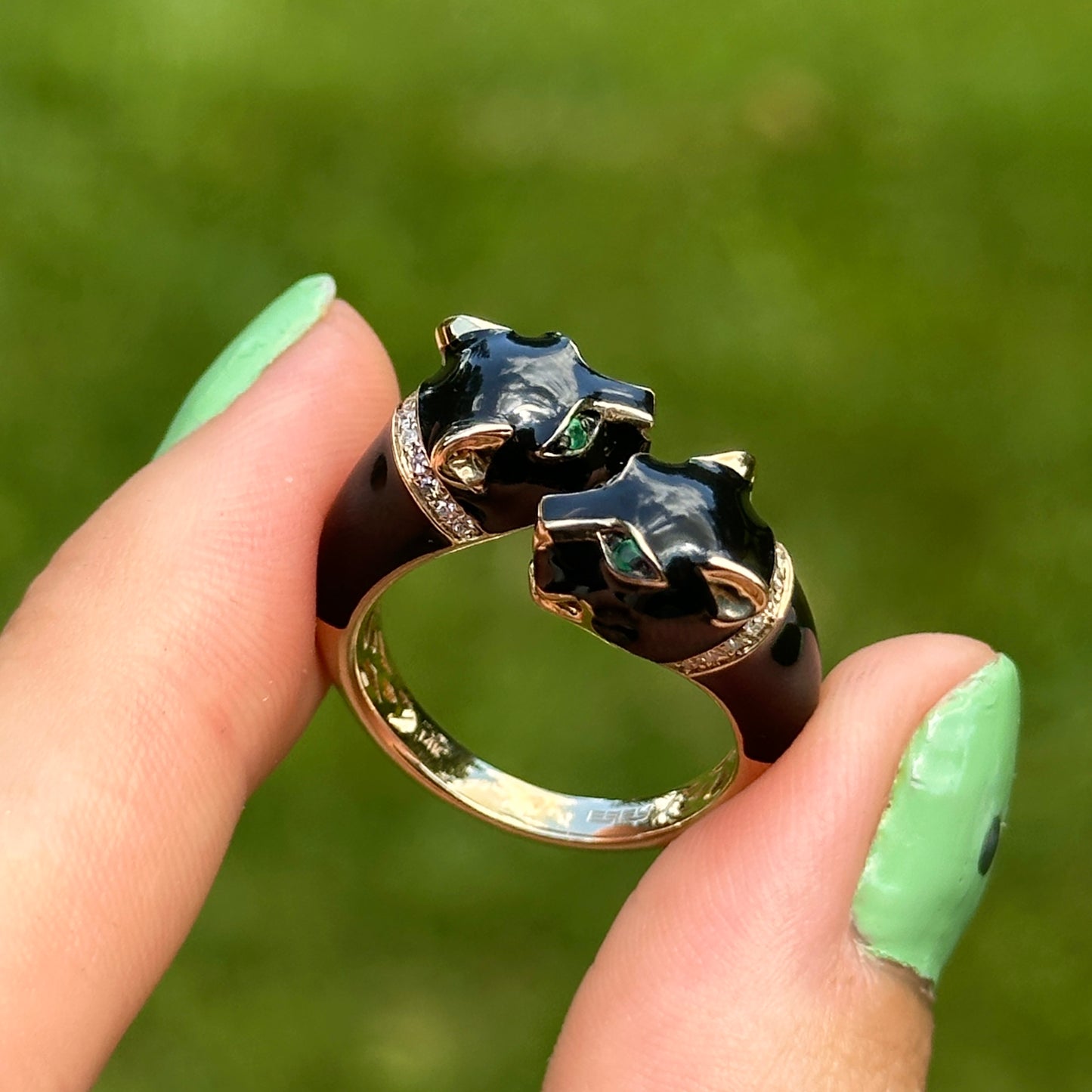 Estate Effy 14KT Yellow Gold Pave Diamond Black Enamel + Emerald Eye Panther Cat Ring