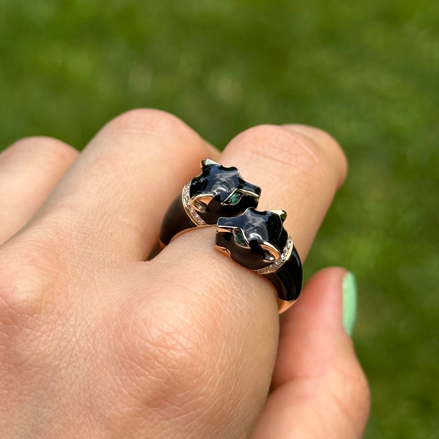 Estate Effy 14KT Yellow Gold Pave Diamond Black Enamel + Emerald Eye Panther Cat Ring