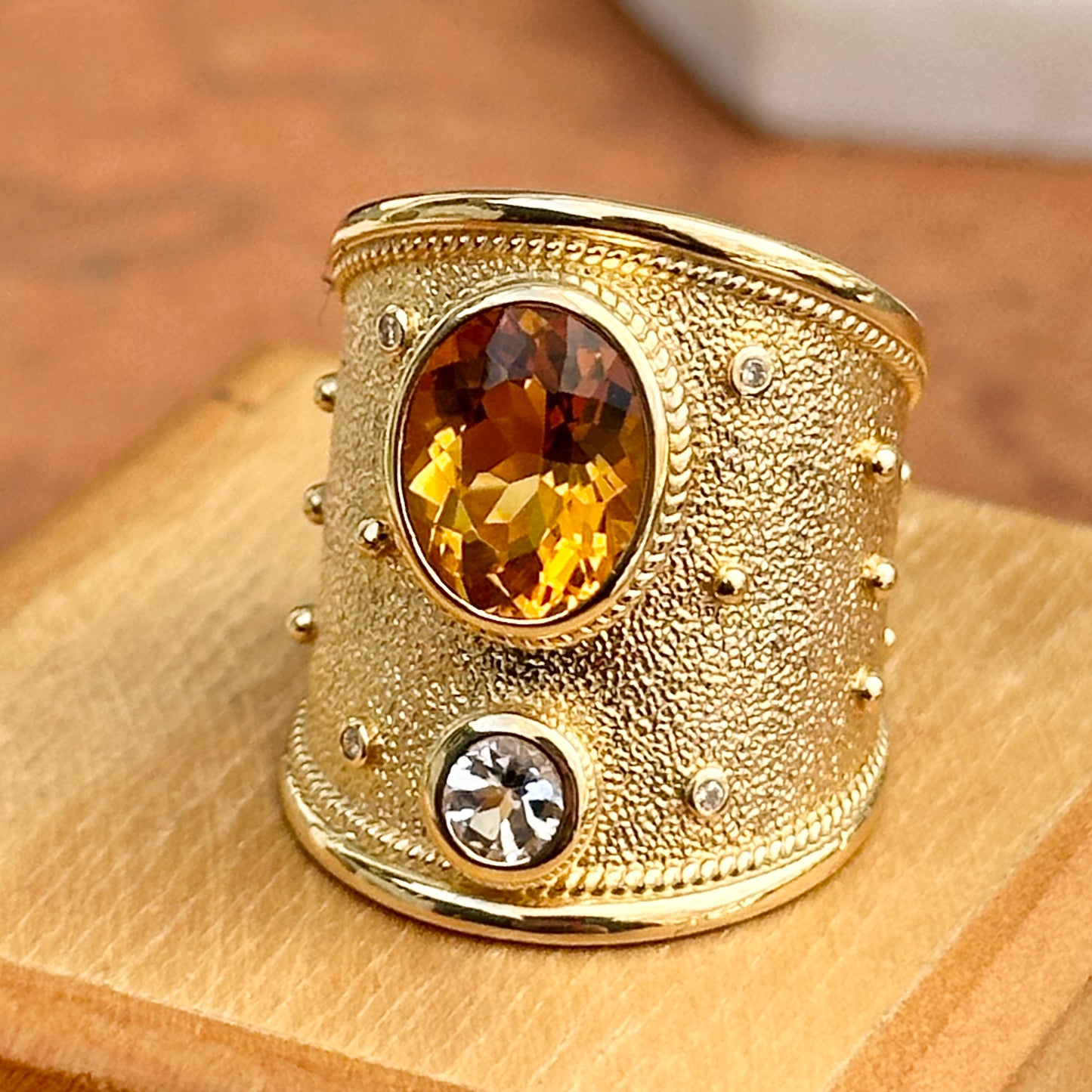 Estate 18KT Yellow Gold Byzantine Citrine + White Topaz Wide Ring - LSJ