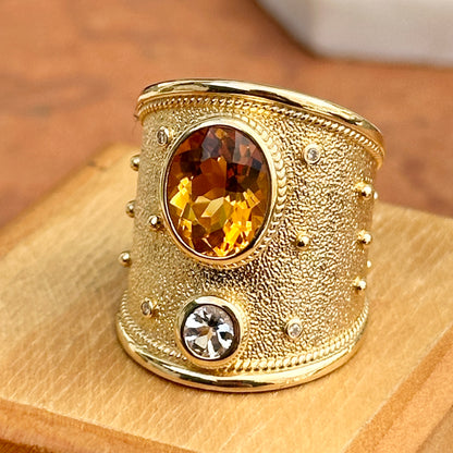 Estate 18KT Yellow Gold Byzantine Citrine + White Topaz Wide Ring - LSJ