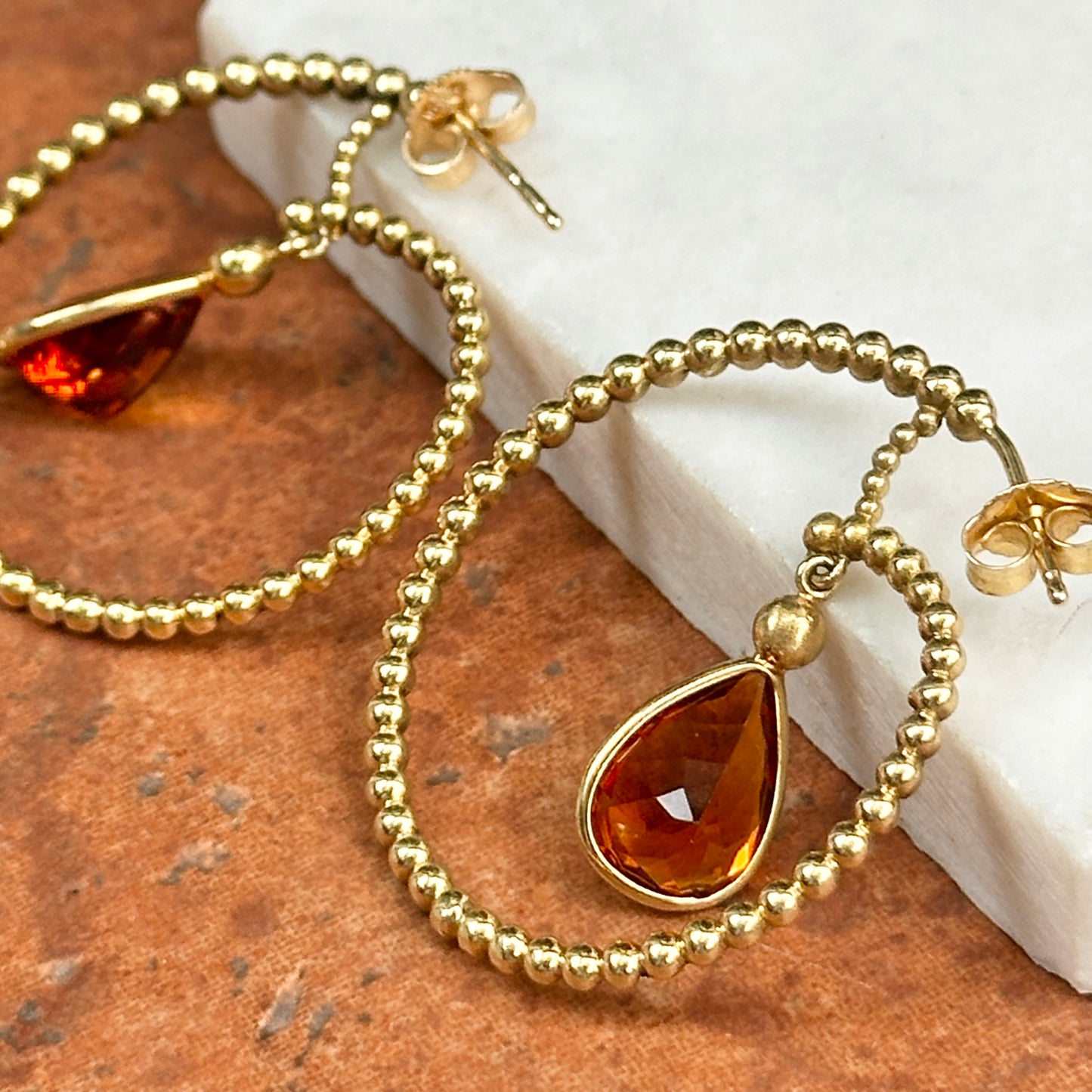 Estate 18KT Yellow Gold Pear Citrine Beaded Hoop Earrings