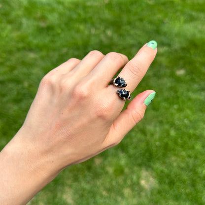 Estate Effy 14KT Yellow Gold Pave Diamond Black Enamel + Emerald Eye Panther Cat Ring